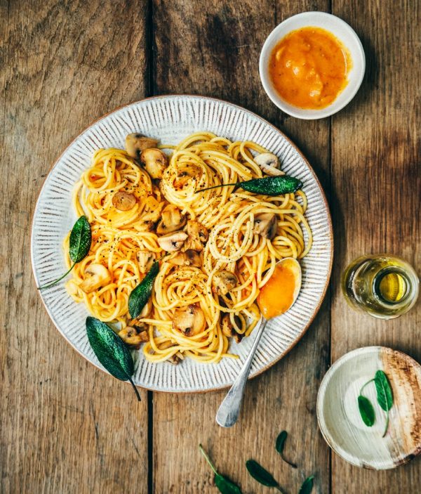 recette Spaghettis à la crème de courge et aux champignons