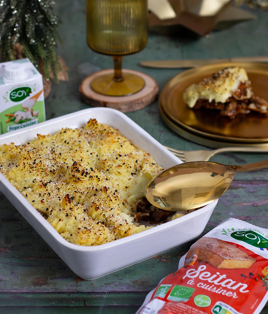 Parmentier Festif au Seitan & Cèpes / Écrasé de Panais / Huile de Truffe
